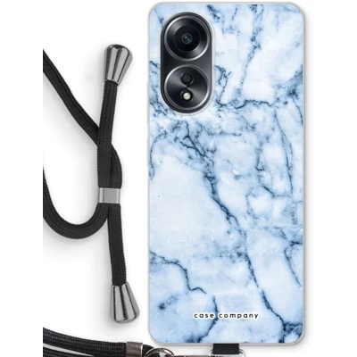 Afbeelding van Case Company® hoesje met Koord geschikt voor Oppo A58 4G Blauw marmer Telefoonhoesje Zwart Bescherming aan alle Kanten en Over de Schermrand