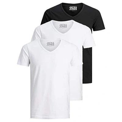 Afbeelding van Jack and Jones Basic T shirt voor heren, V hals, verpakking van 3 stuks, effen, slim fit, in wit, zwart, Blauw, grijs, XL