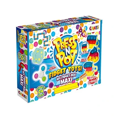 Afbeelding van CRAZE PressNPop Press N My Box Maxi 24 stuks anti stress speelgoed met sleutelhanger Pop It Cube Fidget Spinner en nog veel meer, 38147 prachtige kleurencombinaties