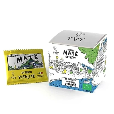 Afbeelding van YVY MATÉ Yerba Mate Bio citroen praktisch formaat 15 zakjes natuurlijke maté biologische mat, rookvrij, steelvrij, stofvrij mix van rooibos, en groen