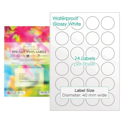 Afbeelding van Evergreen Goods Zelfklevende etiketten, rond, voorgesneden, 40 mm, mm (24 etiketten per vel), cirkelvormig vinyl, laserbedrukbaar, A4 formaat, 10 vellen