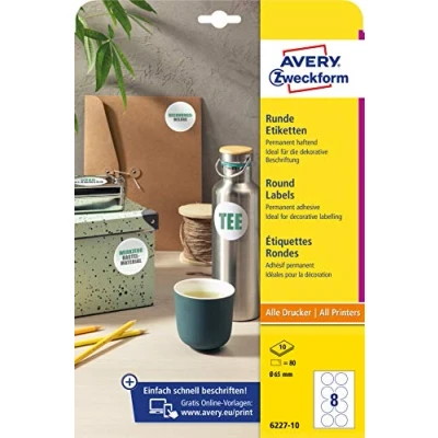 Afbeelding van Avery Zweckform 6227 10 ronde etiketten (80 kleefpunten, Ø 65 mm op A4, stickers om af te drukken, zelfklevende productetiketten, permanente etiketten) vellen, wit