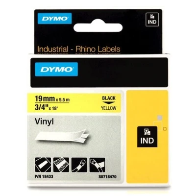 Image de DYMO Rhino Etiquettes Industrielles Vinyle 19mm x 5.5m Noir sur Jaune
