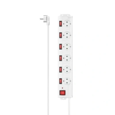 Afbeelding van Hama Stekkerdoos 6 voudige veiligheidsstekker, kabel 1,4 meter, algemene schakelaar en bediening voor elk afzonderlijk stopcontact, wandmontage