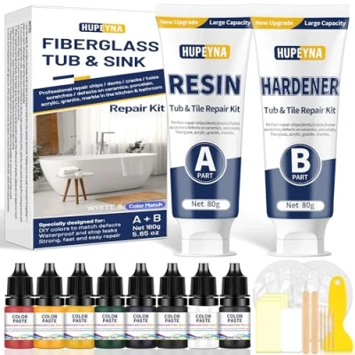 Afbeelding van reparatieset voor badkuip, wit, acryl, keramiek, keuken, badkamer, reparatie van splinters, scheuren, krassen en gaten, roest, email, meerkleurig