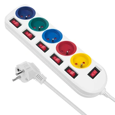 Image de Bloc multiprises Maclean rallonge à 5 prises avec interrupteurs 250VAC/10A 15m MCE204 R/W