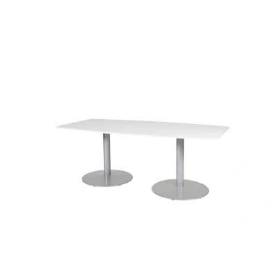Afbeelding van Linesto 200x100cm tonvormige vergadertafel op vaste hoogte (74cm) met krijtwit 25mm blad en aluminium (RAL9006) trompetvoeten