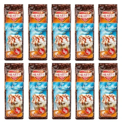 Afbeelding van HEARTS karamel ijskoffie 10 x 1 kg oploskoffie voordeelverpakking ca. 65 glazen/zak koffiebonen, karamel, cafeïne en oplosbaar