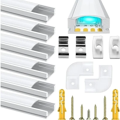 Afbeelding van Chesbung Aluminium led profiel, 6 x 1 m, aluminium, U vorm voor ledstrips, compact, professionele afwerking met melkwit deksel, eindkappen, metalen montageclips, gele eindkappen