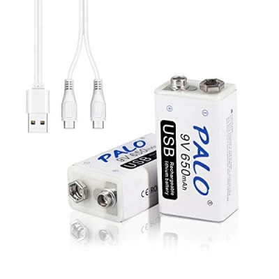 Afbeelding van CITYORK 9 V USB batterij, oplaadbaar, 650 mAh, Li Ion, met kabel voor microfoon, rookmelder, speelgoed, afstandsbediening en meer apparaten (2 stuks)