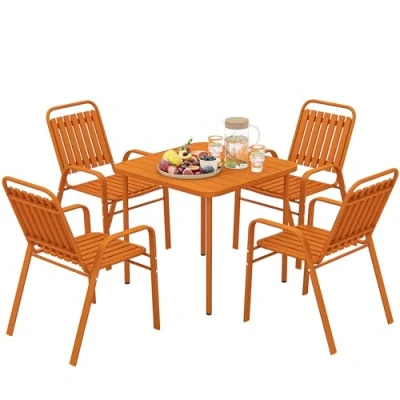 Afbeelding van Outsunny Tuinmeubelen voor buiten, 5 delig, tuintafel buiten met 4 stapelbare stoelen, lattenbodem 80 cm, frame van roestvrij staal, tuinmeubelen, terras, patio, oranje