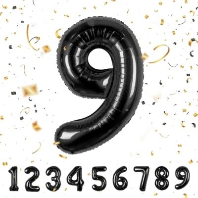 Afbeelding van Ballonnen verjaardag 9e zwart 101 cm ballon nummer 9 verjaardagsdecoratie vliegen met helium