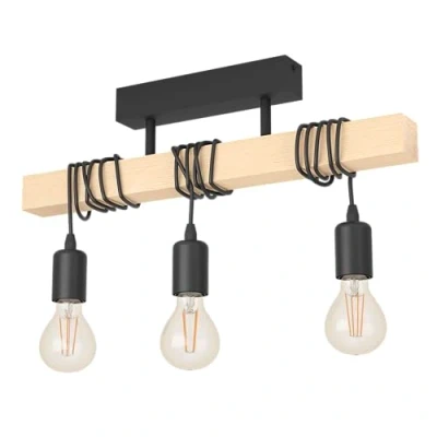 Image de EGLO Lampe de plafond TOWNSHEND 3, plafonnier vintage à 3 flammes au design industriel, suspension rétro en acier et bois, noir, marron, certifié FSC, douille E27