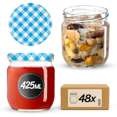 Afbeelding van KADAX Set van 48 jampotten met schroefdeksel, 425 ml, voorraadpotten voor jam, honing (blauw geruit
