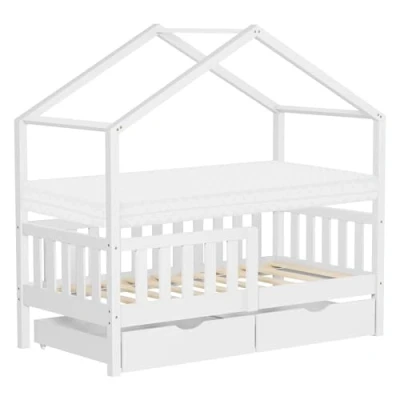 Afbeelding van ML Design lit pour enfant, 70 x 140 cm, blanc, avec matelas, 2 tiroirs, protection anti chute et sommier à lattes, de jeu en bois pin, cadre Montessori enfants, sol, maison