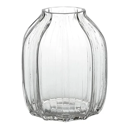 Afbeelding van Grote vaas van geribbeld transparant glas, 21 cm, decoratieve vazen voor thuis, tafelopzetstukken, bloemen en boerderij (transparant, cm)