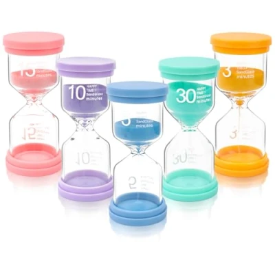 Afbeelding van TNEDFOD 5 stuks kleurrijke zandloper voor kinderen, glazen timer, 3/5/10/15/30 minuten, macaron kleur, leren, speeltimer, creatieve geschenken, kantoordecoratie