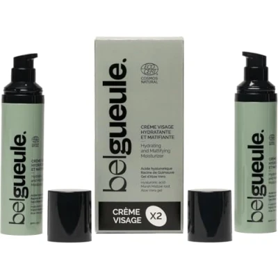 Afbeelding van Belgueule Vochtinbrengende en matterende gezichtscrème voor mannen, 2 stuks, natuurlijke gezichts baardverzorging, met hyaluronzuur, anti aging effect, alle huidtypes, gemaakt in Frankrijk,