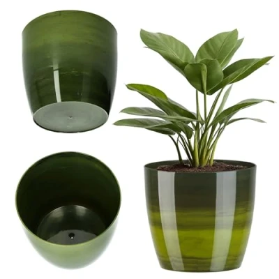 Afbeelding van KADAX Bloempot met onderkant, ronde kunststof plantenbak, diameter 16 cm, mat glanzend, voor cactussen en varens, geschikt balkon, appartement terras, groen