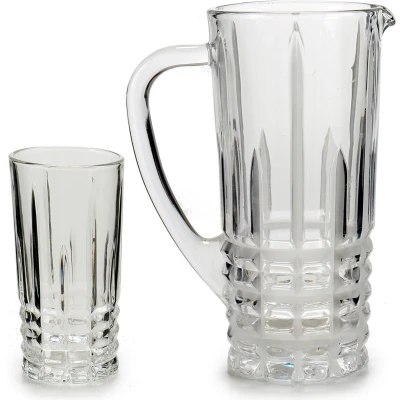 Afbeelding van Glazen schenkkan/karaf 1liter 25 x 16 cm met 6 drinkglazen van 250 ML Sapkan/waterkan en waterglazen