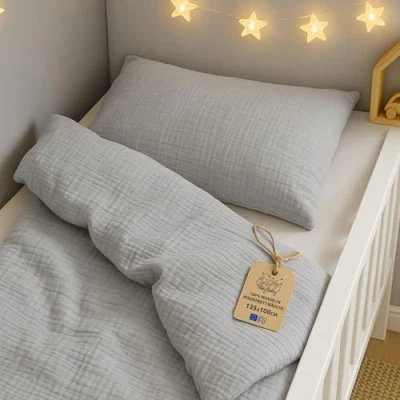 Afbeelding van Kinderdekbedovertrek van chiffon, 100 x 135 cm, beddengoedset voor kinderen kussensloop 60 40 grijs