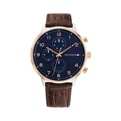 Afbeelding van Tommy Hilfiger Multifunctioneel analoog kwartshorloge voor heren met bruine leren band 1791987, Blauw, Riem