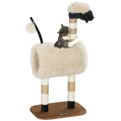 Afbeelding van PawHut Krabpaal 98 cm met krabpaal, tunnel, speelbal, kattenboom in schaapvorm, voor katten tot 5 kg, lichtbruin
