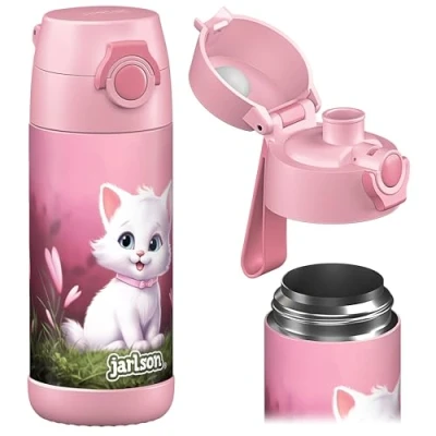 Afbeelding van JARLSON® Drinkfles &quot;Mali&quot; Geïsoleerde waterfles van roestvrij staal BPA vrij Lekvrij Kinderfles met Chug deksel Fles voor school, kleuterschool Kat