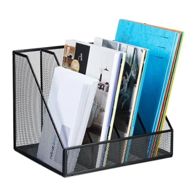 Afbeelding van Relaxdays tijdschriftencassette staal 4 vakken A4 tijdschriftenhouder kantoor zwart