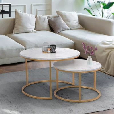 Afbeelding van Lot de 2 tables basses gigognes ALASKA rondes 54/70 effet marbre et pied doré