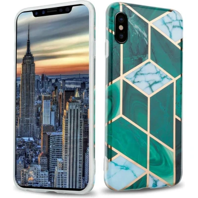 Afbeelding van Cadorabo Hoesje geschikt voor Apple iPhone X / XS in Donkergroen Wit Goud Marmer No. 6 Beschermhoes gemaakt van TPU siliconen Case Cover met mozaïek motief