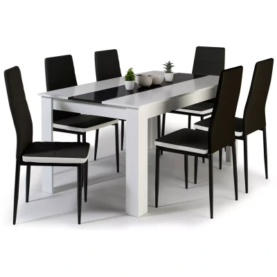 Afbeelding van Ensemble table à manger GEORGIA 140 cm blanche et noire 6 chaises ROMANE noires liseré blanc
