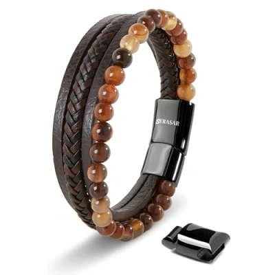 Afbeelding van SERASAR Hoogwaardige herenarmband van echt Leer, zwart en bruin, magneetsluiting roestvrij staal, inclusief sieradendoosje, ideaal cadeau idee, Geen edelsteen