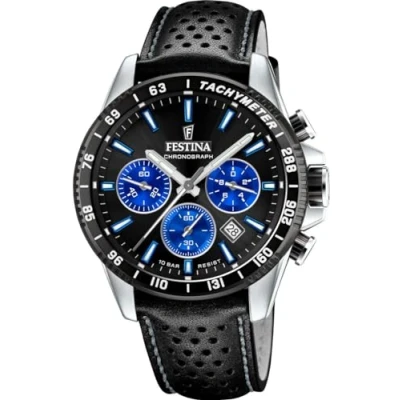 Afbeelding van Festina F20561/6 Heren Horloge Chronograaf Mineraalglas Roestvrijstaal/Leer Zilverkleurig Ø 45 mm Quartz Gesp 10 ATM (zwemmen)