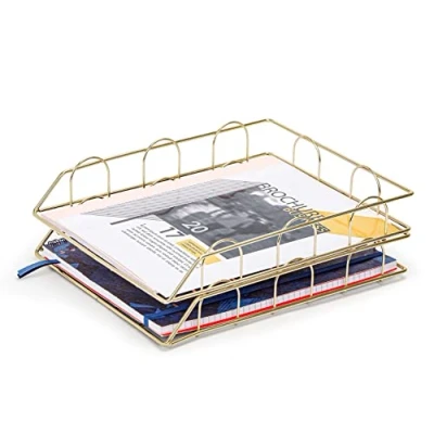 Afbeelding van Exerz Set van 2 stapelbare brievenbakken, papiersorteerder, bureau organizer, bestandshouder, gouddraad