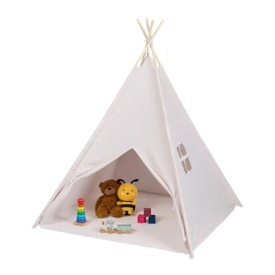 Afbeelding van Relaxdays speeltent tipi beige kindertent met bodem tent houten frame binnen