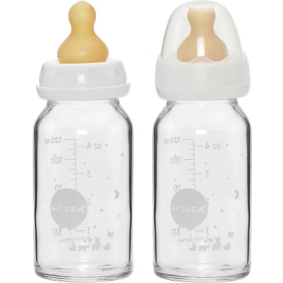 Afbeelding van HEVEA Glazen Drinkfles 120ml 2 stuks m/speen 0 3 mnd Borosilicaat glas 100% natuurrubber