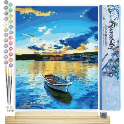 Afbeelding van Figured&#039;Art Schilderen op Nummer Volwassenen canvas Kleine boot bij zonsopgang Handwerk acrylverf Kit DIY Compleet 40x50cm met houten lijst