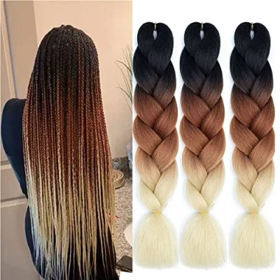 Afbeelding van Haarverlenging voor vlechthaar, 61 cm, jumbo braids highlights, 3 stuks, kanekalon vlechten, synthetisch haar, ombre, vlechten (donkerblond)