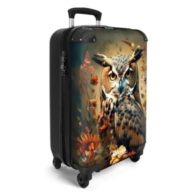 Afbeelding van NoBoringSuitcases.com® Handbagage koffer lichtgewicht Reiskoffer trolley Portret van een uil tussen rode oranje bloemen Rolkoffer met wieltjes Past binnen 55x40x20 en 55x35x25
