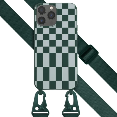 Afbeelding van Selencia hoesje Geschikt voor iPhone 13 Pro Max met koord Siliconen design afneembaar Groen / Irregular Check Green