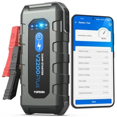 Afbeelding van TOPDON 2 in 1 auto starthulp, powerbank en accutester, 2200 A voor 12 V (tot 8 liter benzine/6 l diesel), V2200Plus startbooster