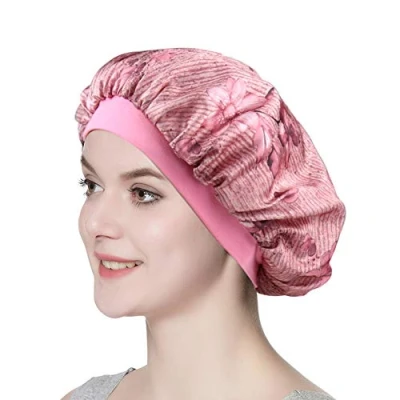 Afbeelding van Alnorm Elegante nachtmuts van zijdeachtig satijn, hoogwaardig, dubbellaags, met brede band, voor de schoonheid het haar, Mooie bloemen