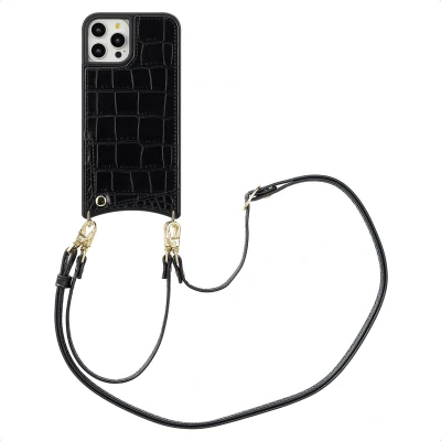 Afbeelding van Selencia Hoesje Geschikt voor iPhone 12 Pro / met Pasjeshouder Nova Croco Backcover koord en pashouder Zwart