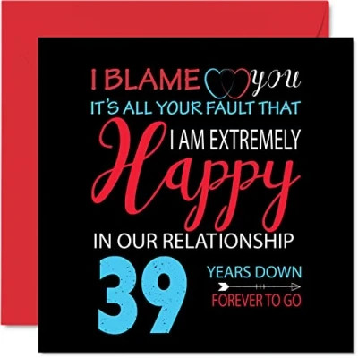 Afbeelding van Grappige 39e huwelijksverjaardag kaart voor man vrouw Your Fault I&#039;m Extremely Happy Wenskaart partner, 145 mm x negenendertigste