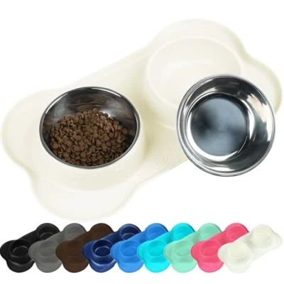 Afbeelding van VIVAGLORY Roestvrijstalen kom voor honden en katten met antislip siliconenmat, 400 ml, ivoorkleurig
