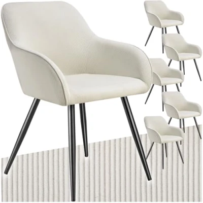 Afbeelding van tectake® Stoel Gestoffeerde woonkamerstoel met cordlook/ribstof Designstoel, loungestoel Draagvermogen tot 120kg Set van 6 Div kleuren creme/zwart