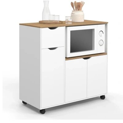 Image de Desserte micro onde de cuisine COSI XXL placards avec tiroir bois blanc et plateaux façon hêtre L.90 CM IDMarket