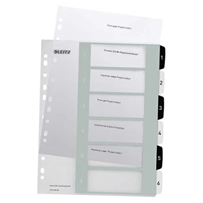 Image de Leitz WOW Index imprimable, extra large, onglets numérotés de 1 à 6, PP, A4, blanc/noir