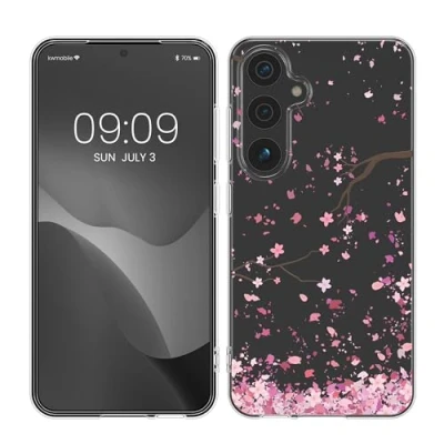 Afbeelding van kwmobile telefoonhoesje geschikt voor Samsung Galaxy S25 Hoesje smartphone in poederroze / donkerbruin transparant Kersenbloesembladeren design